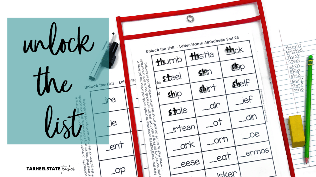 Unlock the List spelling activity in a sheet protector with a dry erase marker for students to fill in missing letters