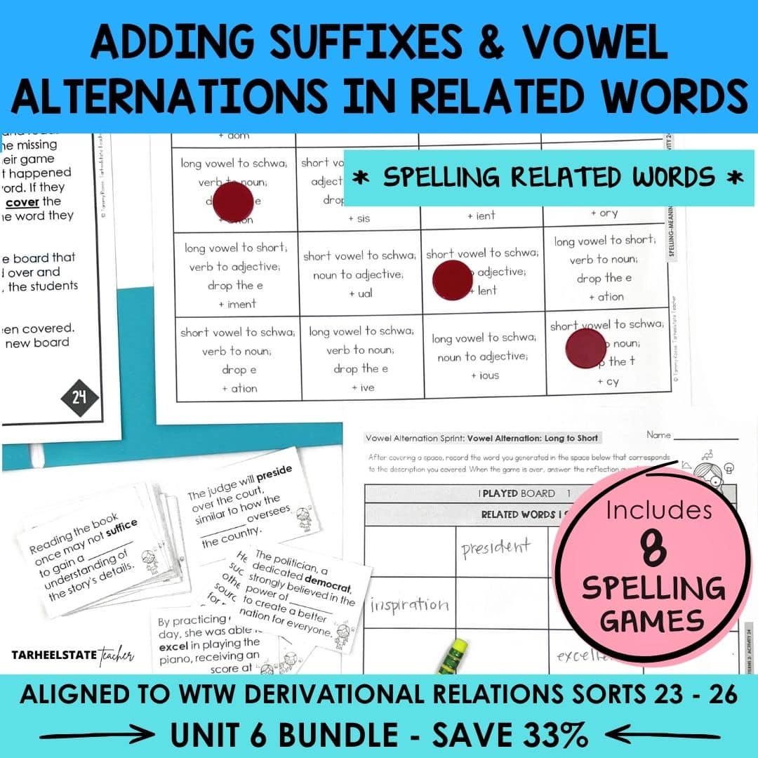 Engaging morphology games and activities for vowel alternations with suffix -ity, long/short/schwa changes, & adding -ion with spelling changes. WTW Sorts 23–26