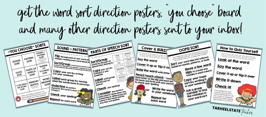 word study sort posters and choice guide for spelling routine perfect for words their way or other word lists