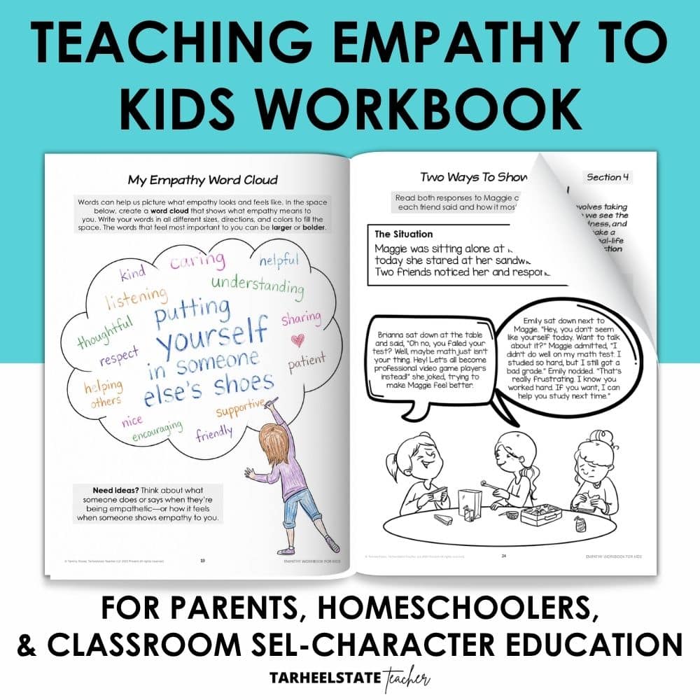 An SEL workbook teaching about compassion with perspective taking activities and teaching empathy activities