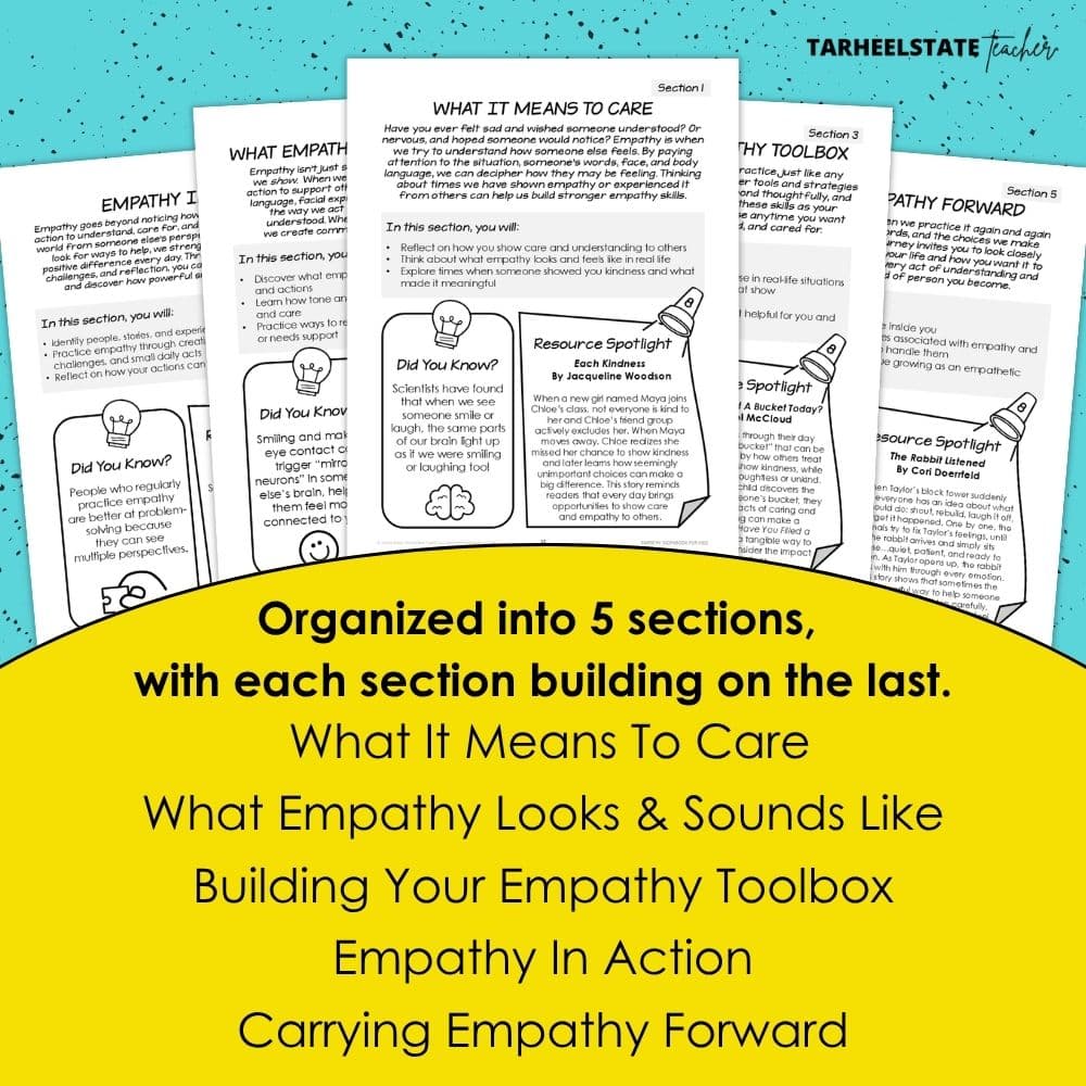 An SEL workbook teaching about compassion with perspective taking activities and teaching empathy activities