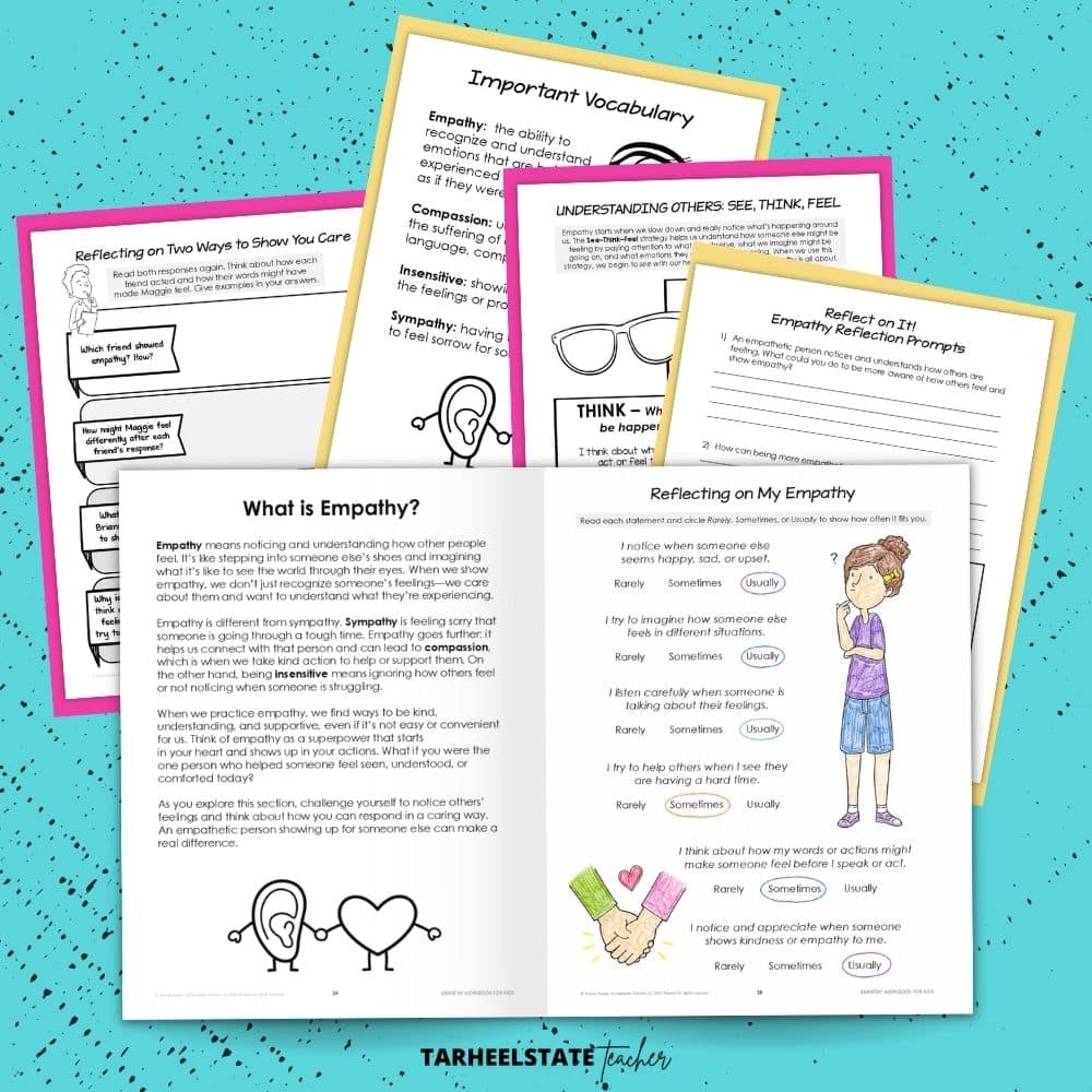 Teaching empathy activities centered on defining empathy and compassion, empathy reflection activities, and analyzing quotes on empathy and compassion