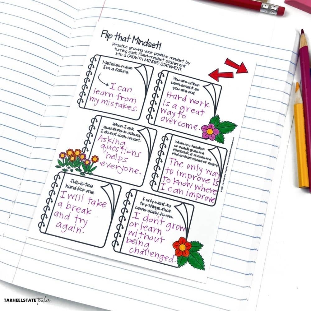 positive affirmations activity that helps students distinguish between growth mindset vs fixed mindset statements