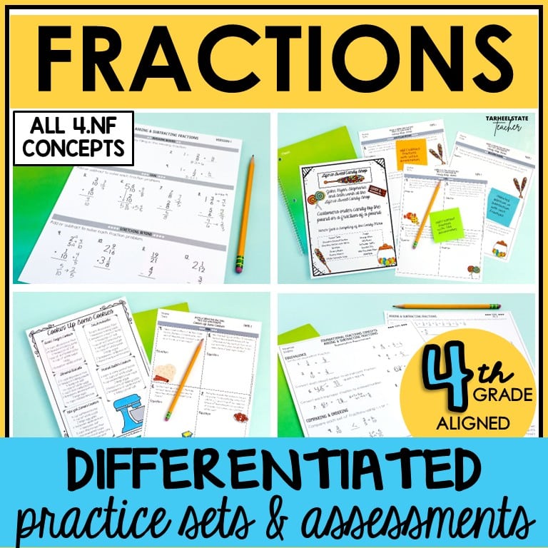 4th grade fractions add subtract word problems compare fractions and more practice and assessment worksheets