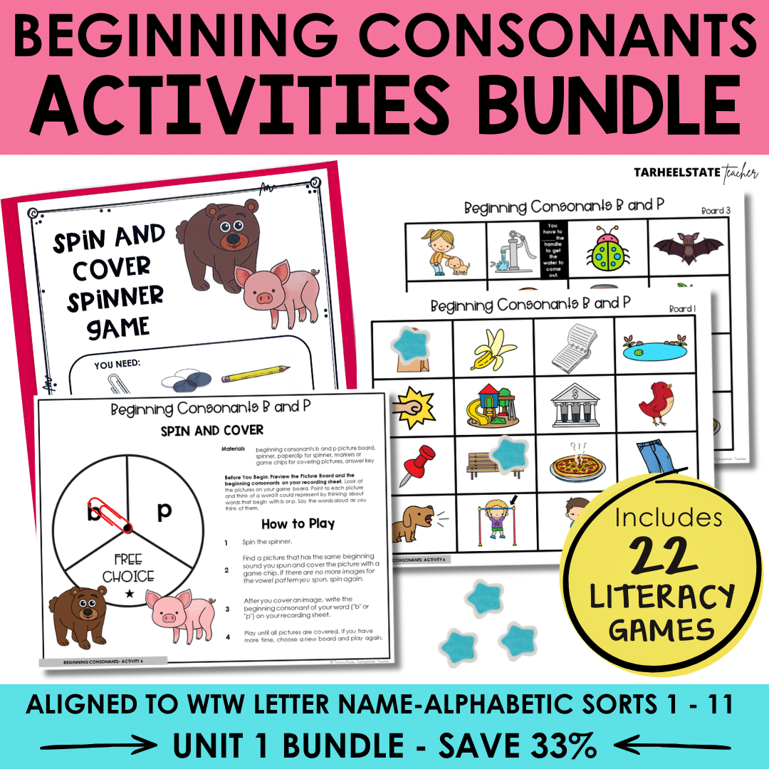 Partner games & activities for sorting pictures by beginning consonant sounds b, m, r, s, t, g, n, p & more. WTW Sorts 1–11.