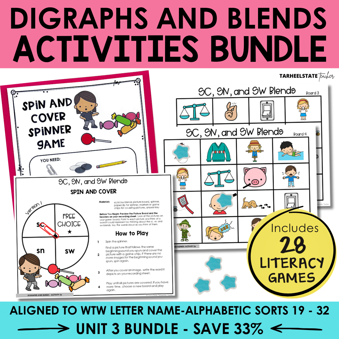 Partner games & activities for beginning digraphs (ch, sh, th, wh) & consonant blends (st, sp, bl, cr, tr & more). WTW Sorts 19–32.
