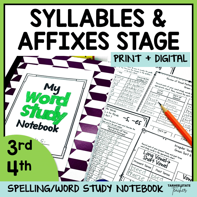 Printable & digital notebook activities for inflected endings, syllable juncture, affixes, morphology & accented syllables. WTW S&A.