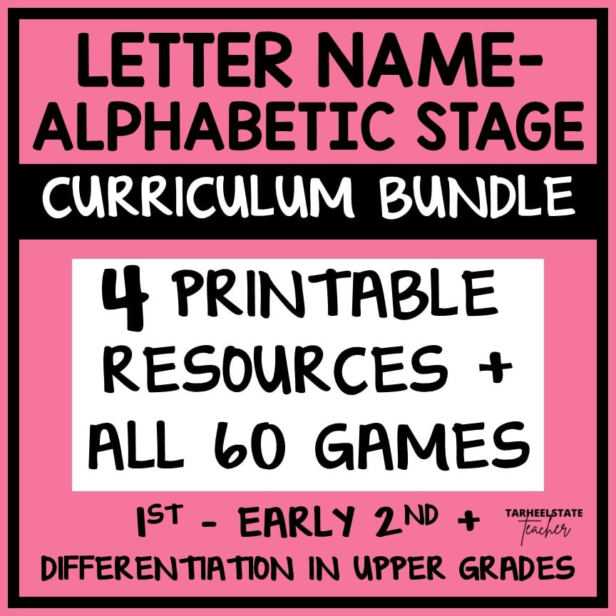 Engaging spelling activities and resources for spellers in the letter name alphabetic stage including word searches, fill-in-the-blank activities, interactive spelling notebook exercises, partner and independent spelling games, and weekly spelling homework.