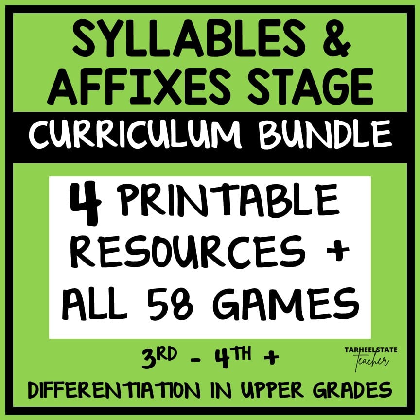 Engaging spelling activities and resources for spellers in the Syllables and Affixes stage including word searches, fill-in-the-blank activities, interactive spelling notebook exercises, partner and independent spelling games, and weekly spelling homework.