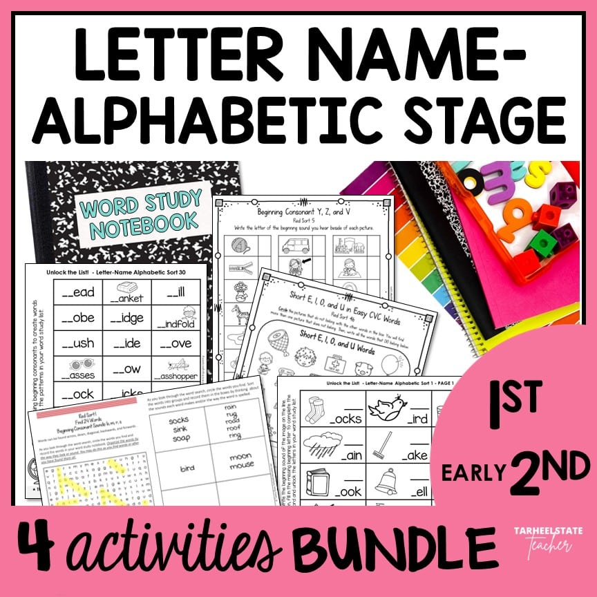 Engaging spelling activities and resources for spellers in the Letter Name Alphabetic stage CVC and CVCe words including word searches, fill-in-the-blank activities, interactive spelling notebook exercises, and weekly spelling homework.