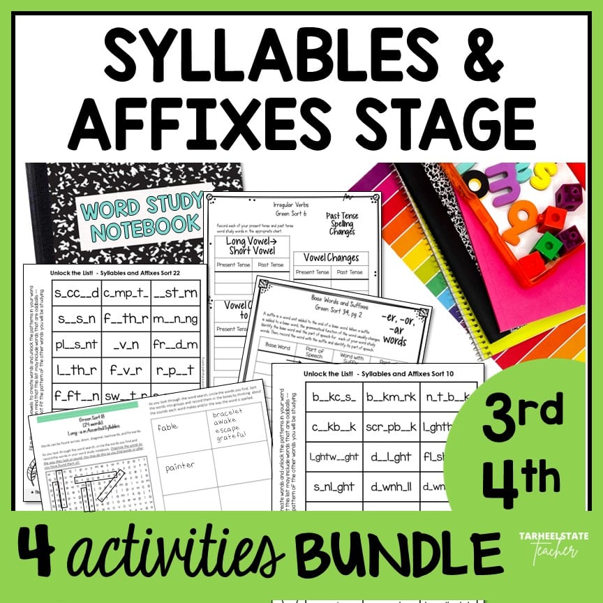 Engaging spelling activities and resources for spellers in the Syllables and Affixes stage including word searches, fill-in-the-blank activities, interactive spelling notebook exercises, and weekly spelling homework.