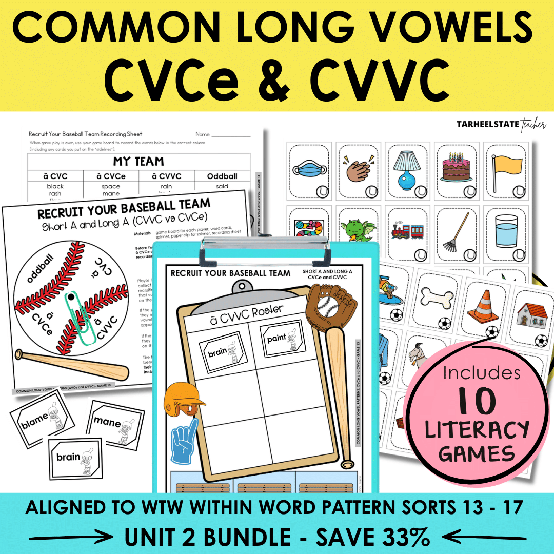 Partner games for common long vowel patterns CVCe and CVVC including AI, OO, EE, EA, OA patterns. WTW Sorts 13–17.