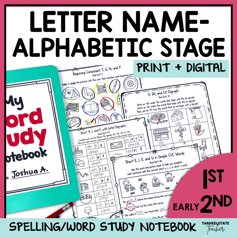 Printable & digital notebook activities for beginning consonants, CVC words, word families, digraphs, blends & contractions. WTW LNA.