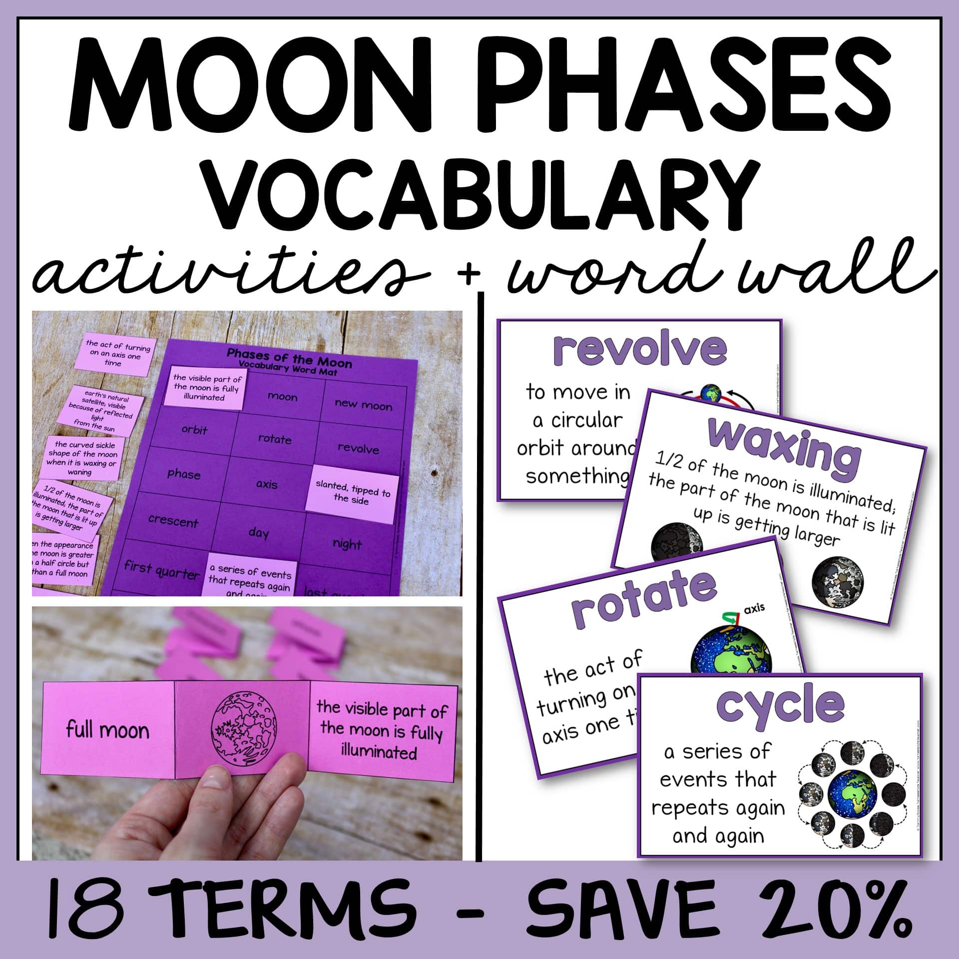 phases of the moon vocabulary activities vocabulary mats, study slips, quizzes,