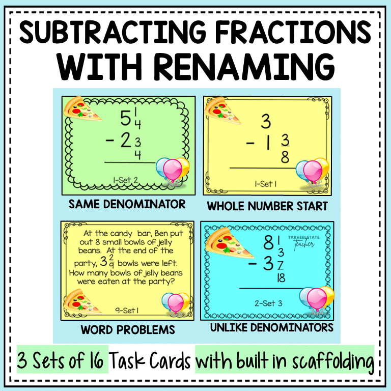 subtract fractions w regrouping pizza 1