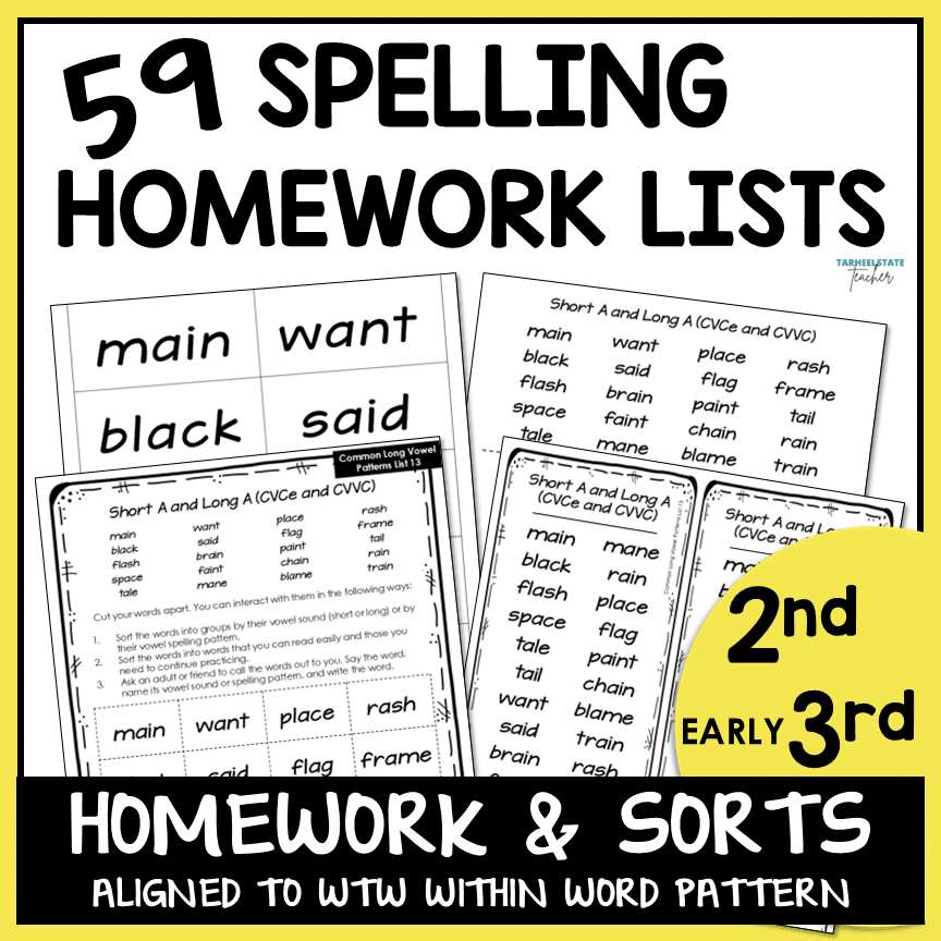 Ready-to-use take-home word lists & sorts for short/long vowels, CVCe, CVVC, r-controlled vowels & diphthongs. WTW WWP 3rd Ed.