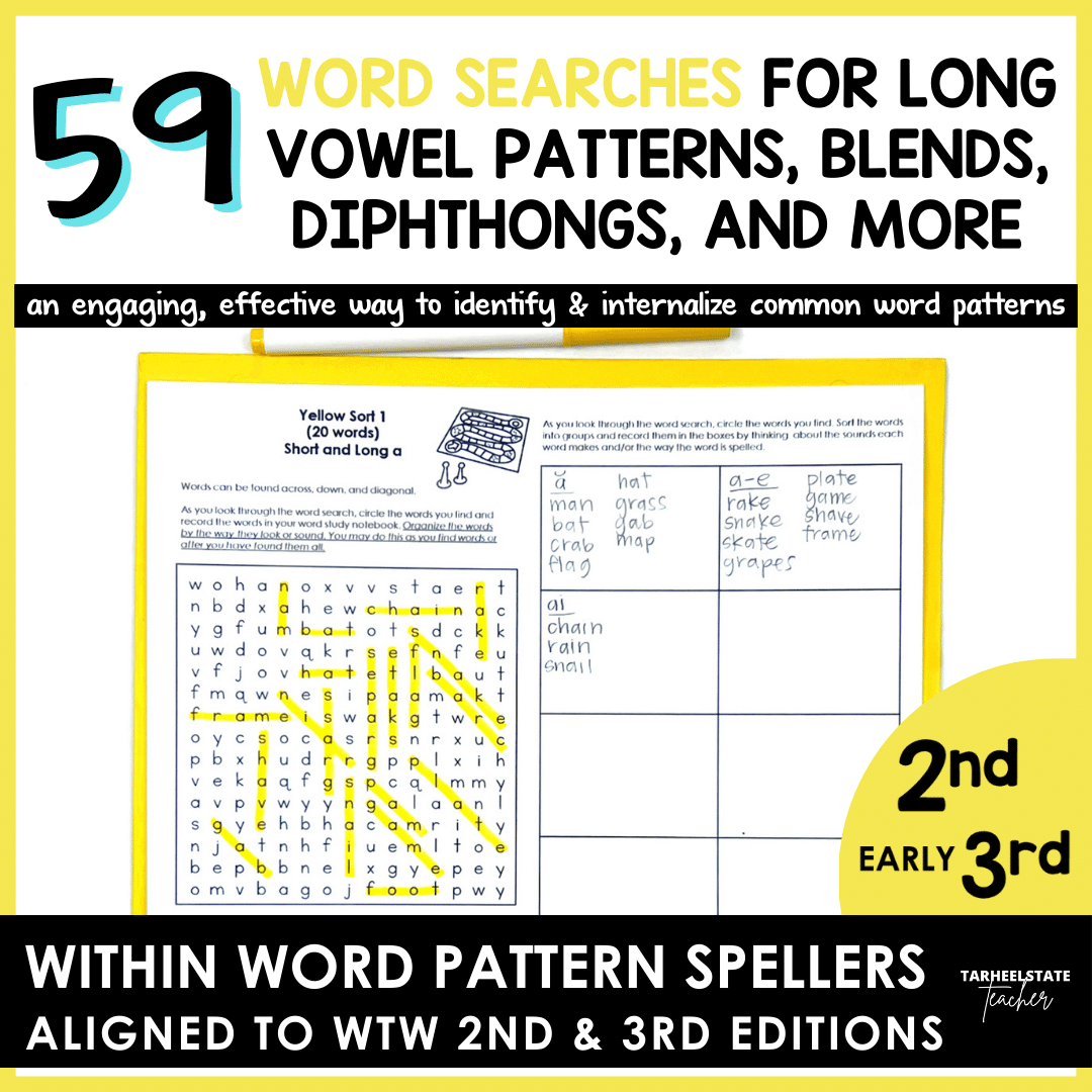 "Blind" word searches for short/long vowels, CVCe, CVVC, r-controlled vowels, diphthongs & complex consonants. WTW WWP 2nd & 3rd Ed.