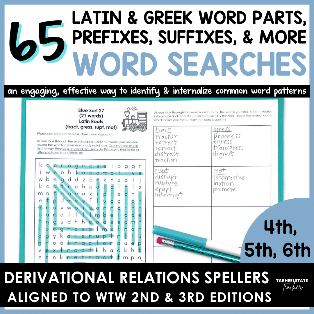 Engaging "blind" word searches for prefixes, suffixes, derivational patterns, and Latin/Greek roots. Aligned to WTW Derivational Relations 2nd & 3rd Edition.