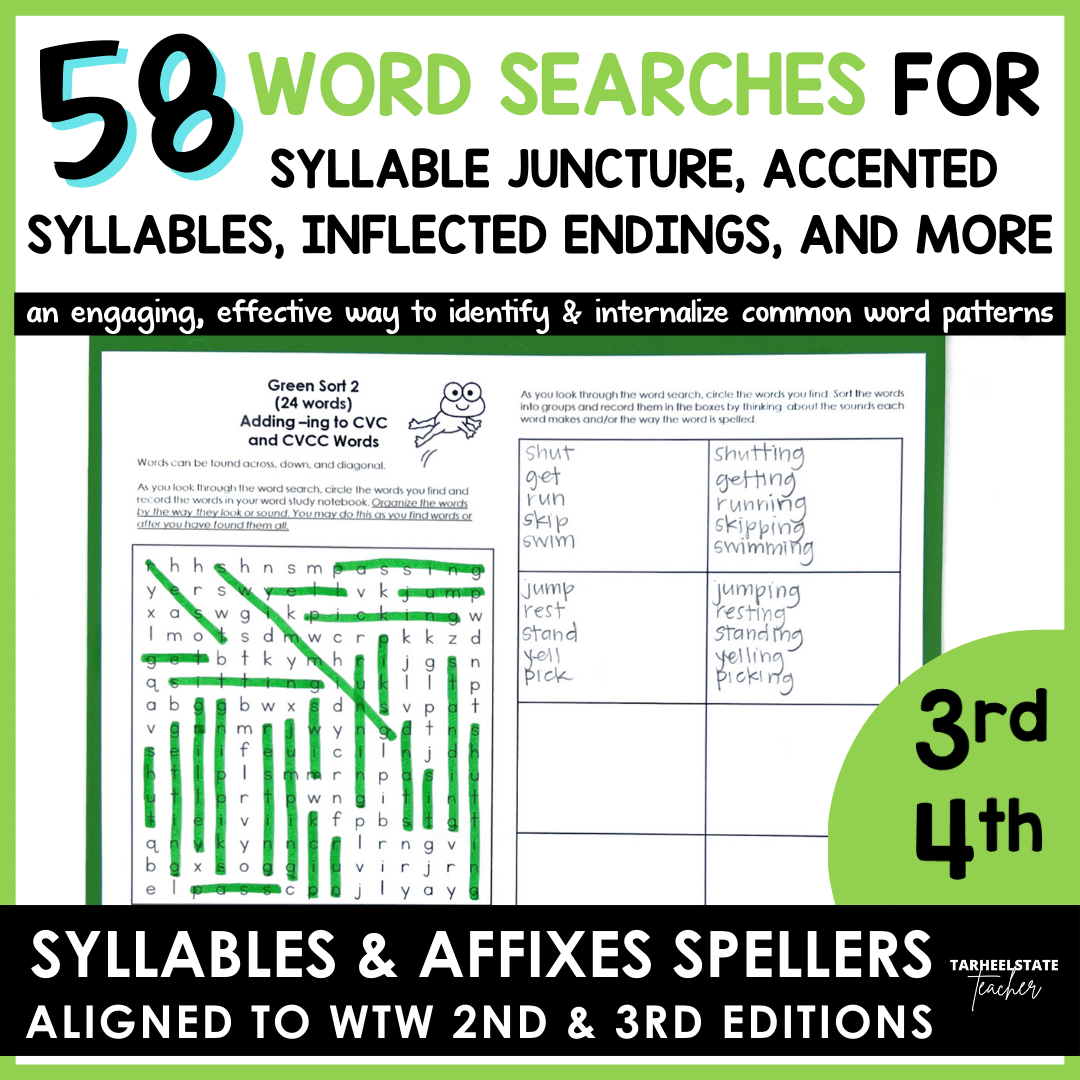"Blind" word searches for inflected endings, syllable juncture, accented syllables, unaccented syllables & affixes. WTW S&A 2nd & 3rd Ed.
