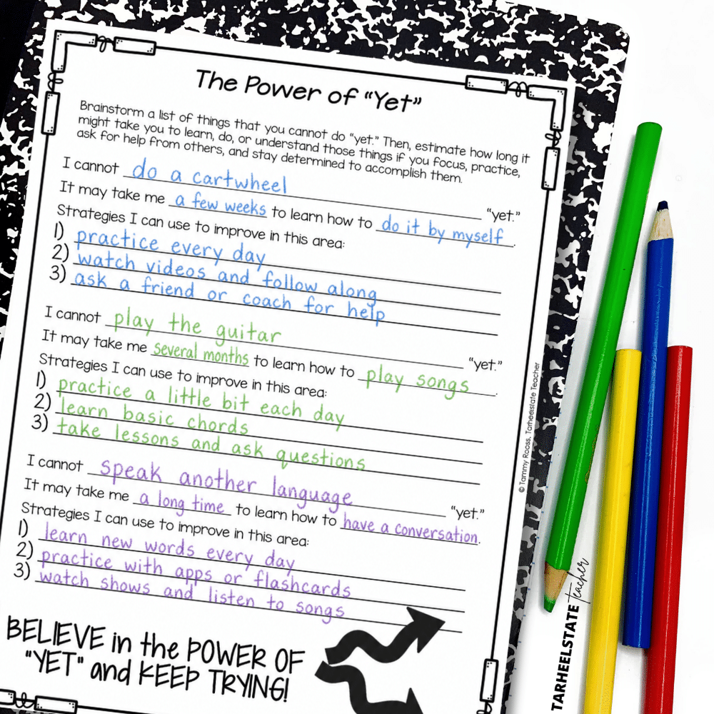 The Difference Between Growth Mindset and Fixed Mindset: 10 Growth Mindset vs Fixed Mindset Activities for Students - 10 Growth Mindset vs Fixed Mindset Activities for Students Image 5 the power of yet activity for students learning about growth mindset vs fixed mindset