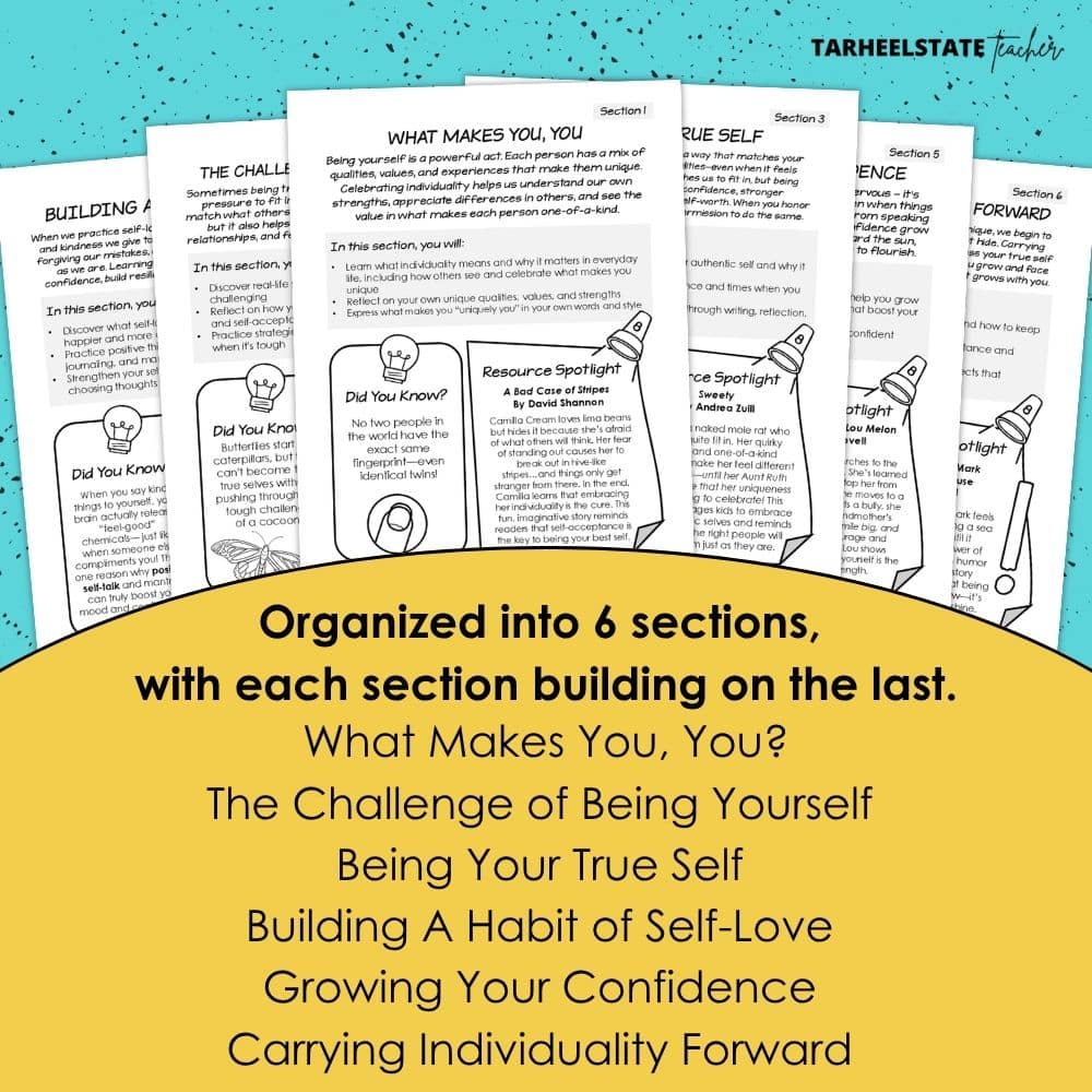 An SEL workbook with individuality activities centered around being true to yourself and celebrating differences