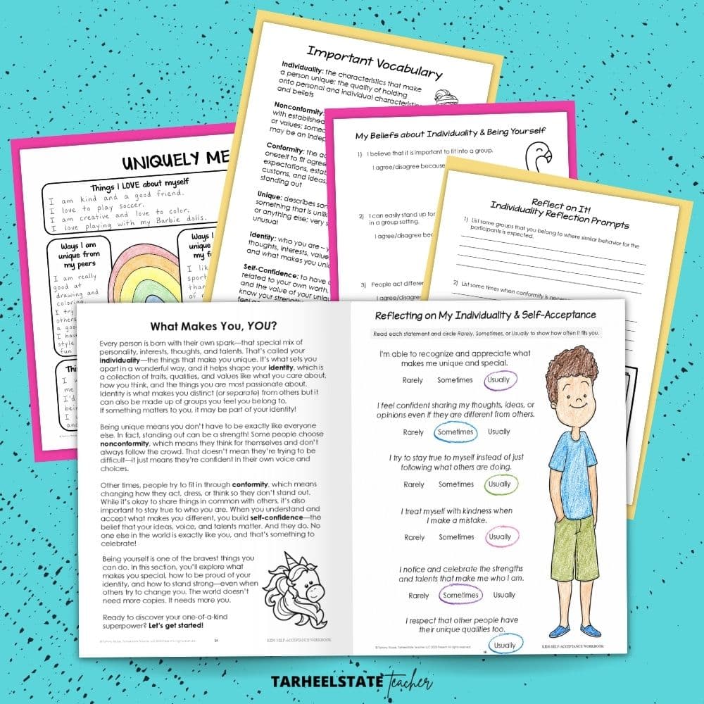An SEL workbook with individuality and self-esteem improving activities centered around being true to yourself and celebrating differences