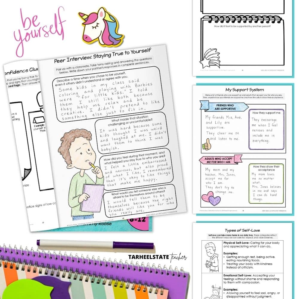 An SEL workbook with individuality and self-esteem improving activities centered around being true to yourself and celebrating differences