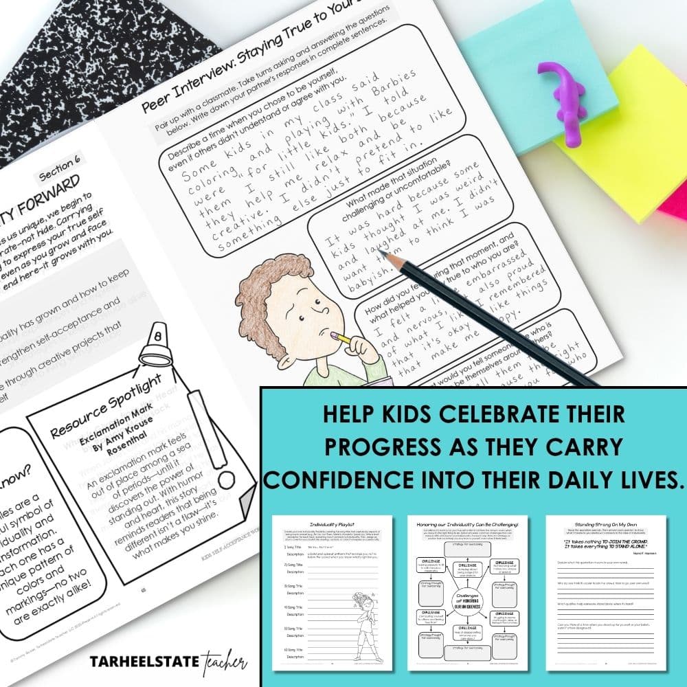 An SEL workbook with individuality and self-esteem improving activities centered around being true to yourself and celebrating differences