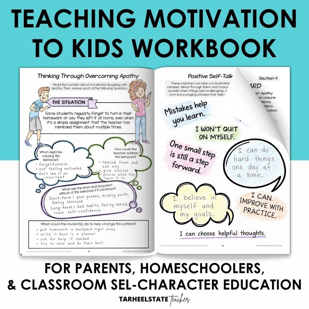a social emotional learning self-motivation workbook for teaching motivation to kids with positive self-talk activities and worksheets on motivation