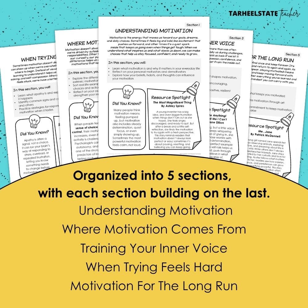 a social emotional learning self-motivation workbook for teaching motivation to kids with positive self-talk activities and worksheets on motivation