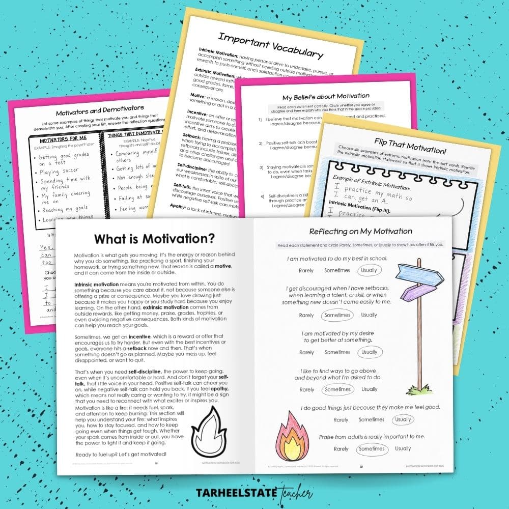 a social emotional learning self-motivation workbook for teaching motivation to kids with positive self-talk activities and worksheets on motivation