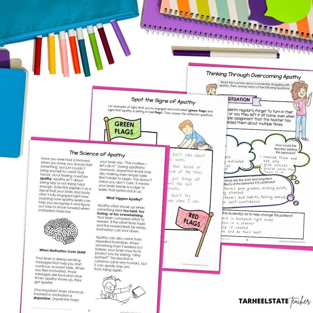 a social emotional learning self-motivation workbook for teaching motivation to kids with positive self-talk activities and worksheets on motivation