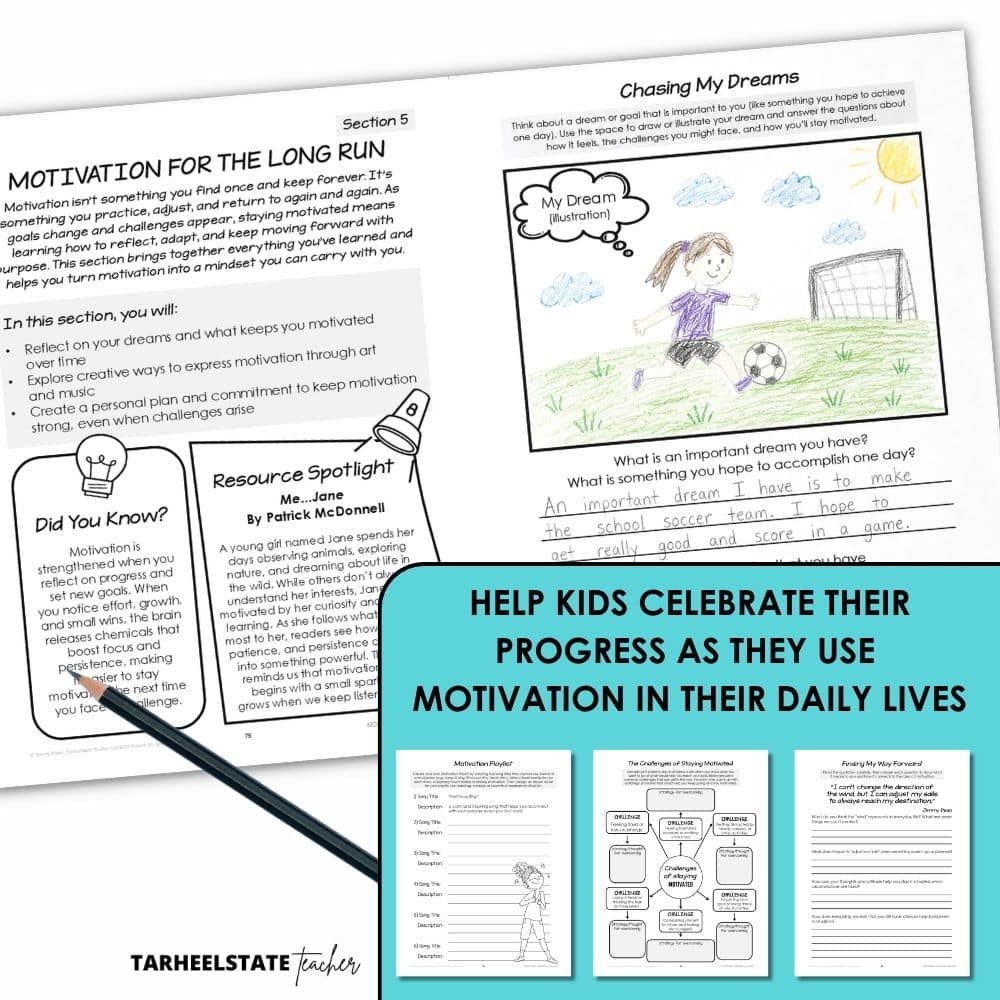 a social emotional learning self-motivation workbook for teaching motivation to kids with positive self-talk activities and worksheets on motivation