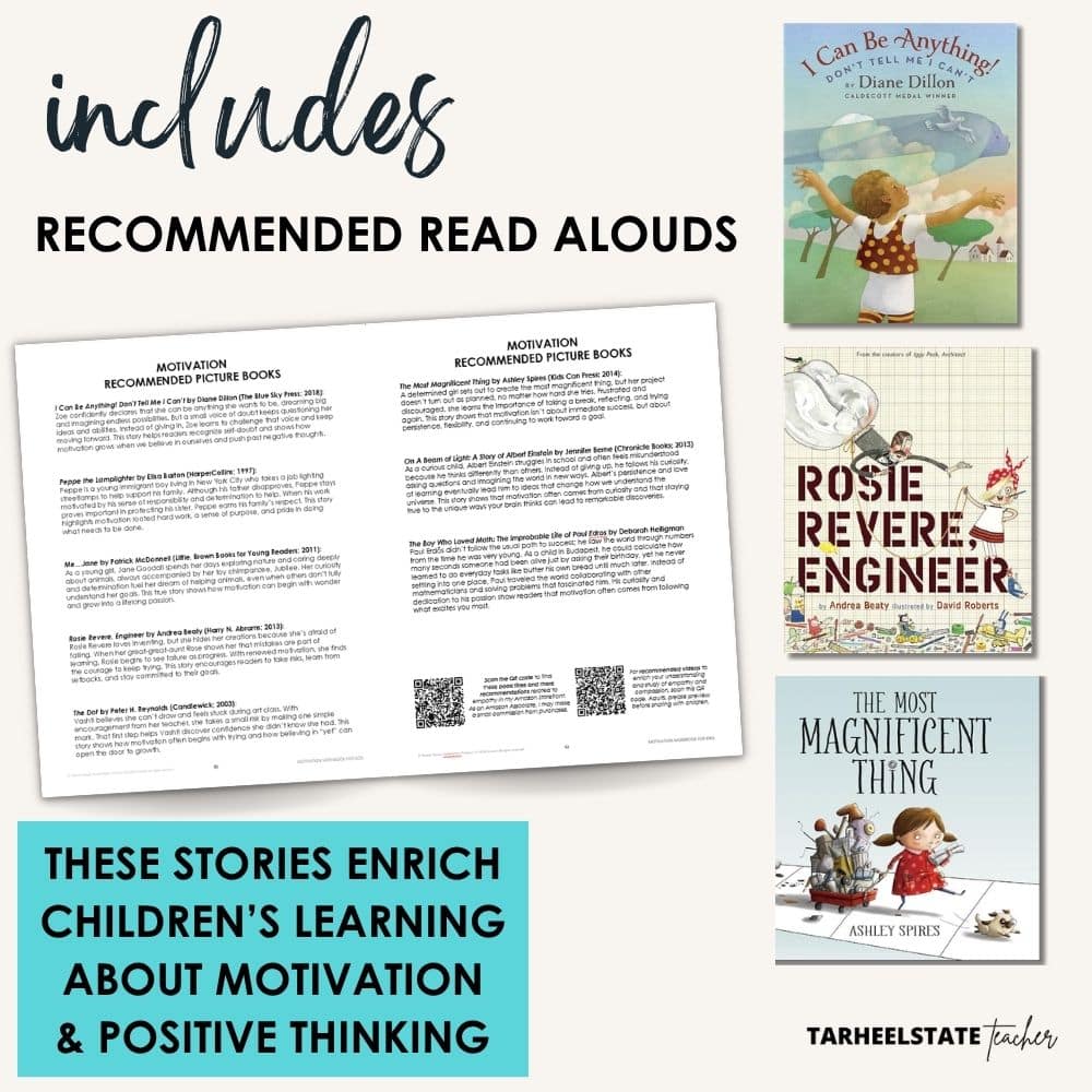 a social emotional learning self-motivation workbook for teaching motivation to kids with included suggested read alouds about motivation