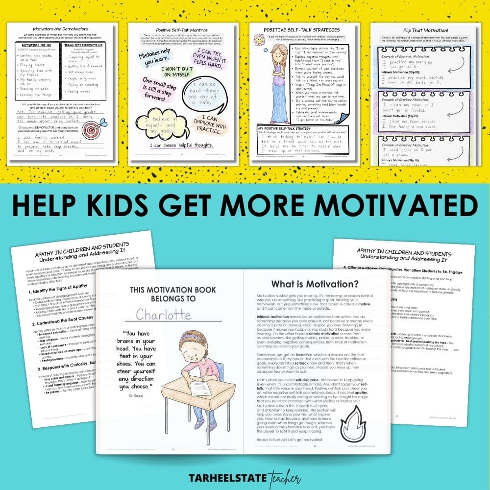 a social emotional learning self-motivation workbook for teaching motivation to kids with positive self-talk activities and worksheets on motivation