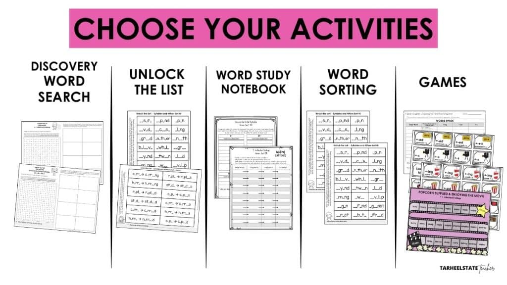 Upper elementary word study activity menu showing options including word searches, sorts, notebooks, and games