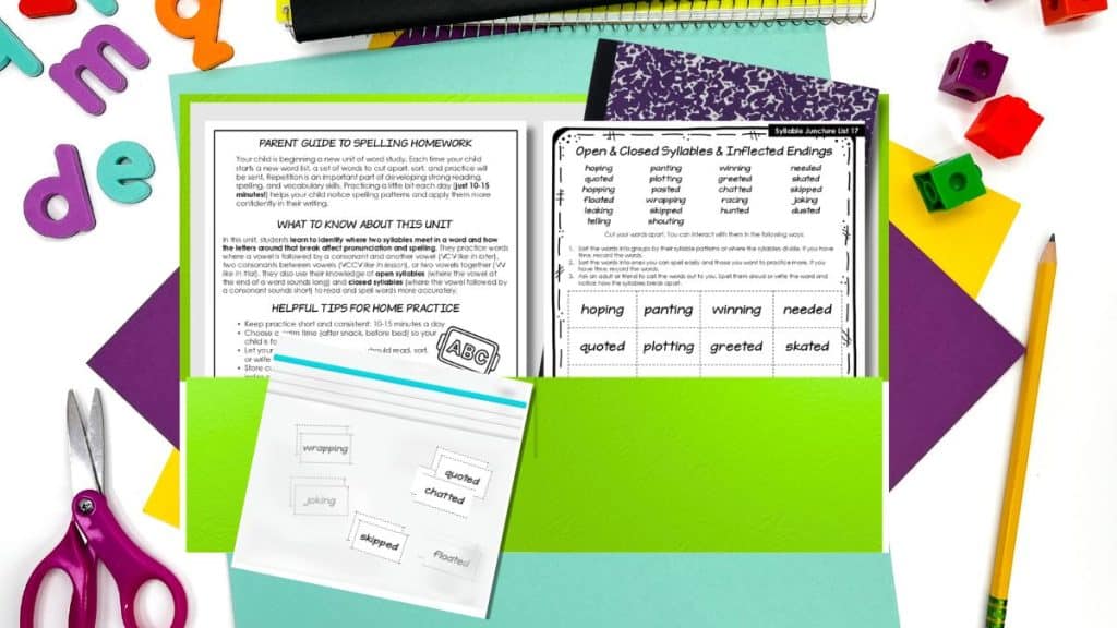 Upper elementary weekly spelling homework word list and cut-apart sort for at-home practice
