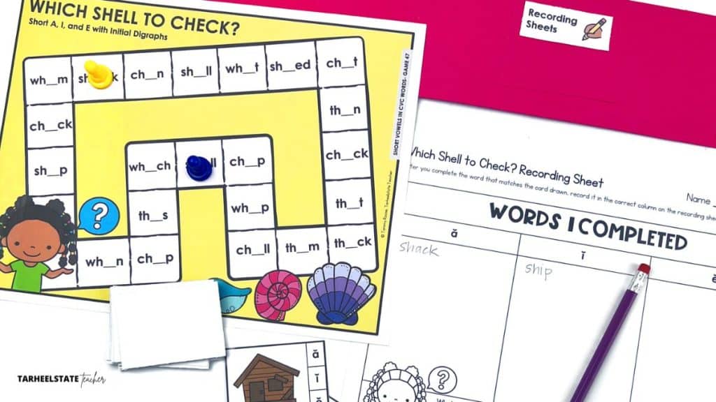 Which Shell to Check? spelling board game for short vowels with initial digraphs, shown with word cards, game pieces, and a student recording sheet