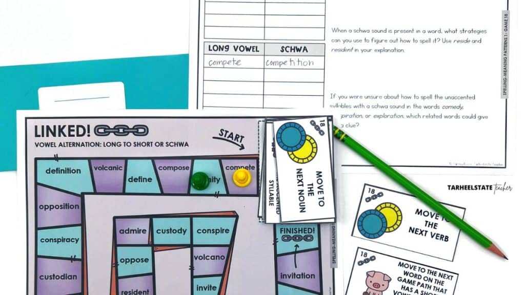 Linked! vowel alternation spelling game for Derivational Relations spellers, shown with game cards, a long vowel and schwa sorting chart, and written explanation questions