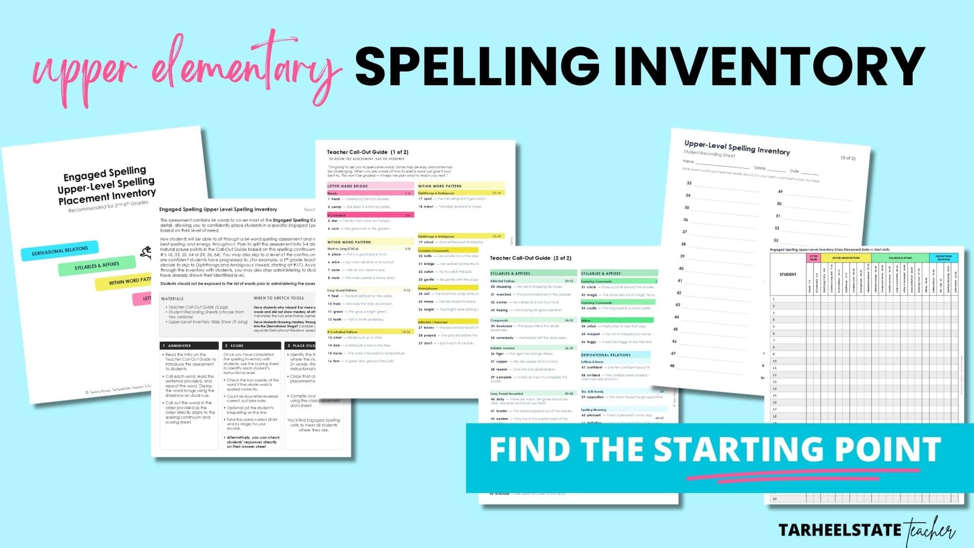 WHERE TO START WITH WORD STUDY: GIVING AN UPPER ELEMENTARY SPELLING INVENTORY - Upper Elementary Spelling Inventory Find The Starting Point Image 4 Upper elementary spelling inventory pages: teacher directions, call-out guide, student recording sheet, and class data sheet