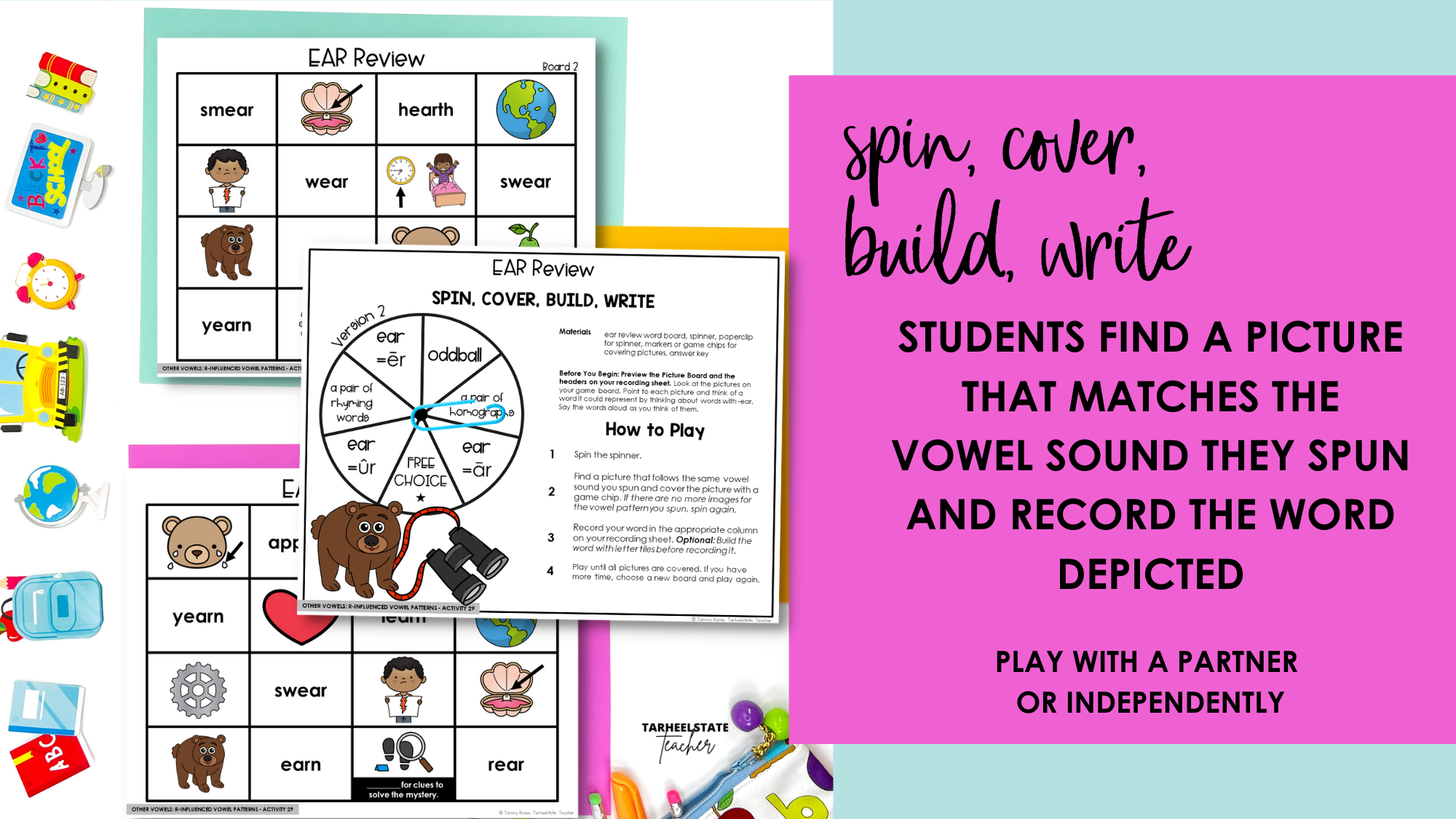 Spin, Cover, Build, Write spinner game and picture boards for r-controlled vowel pattern ear review — within word pattern stage, upper elementary spelling