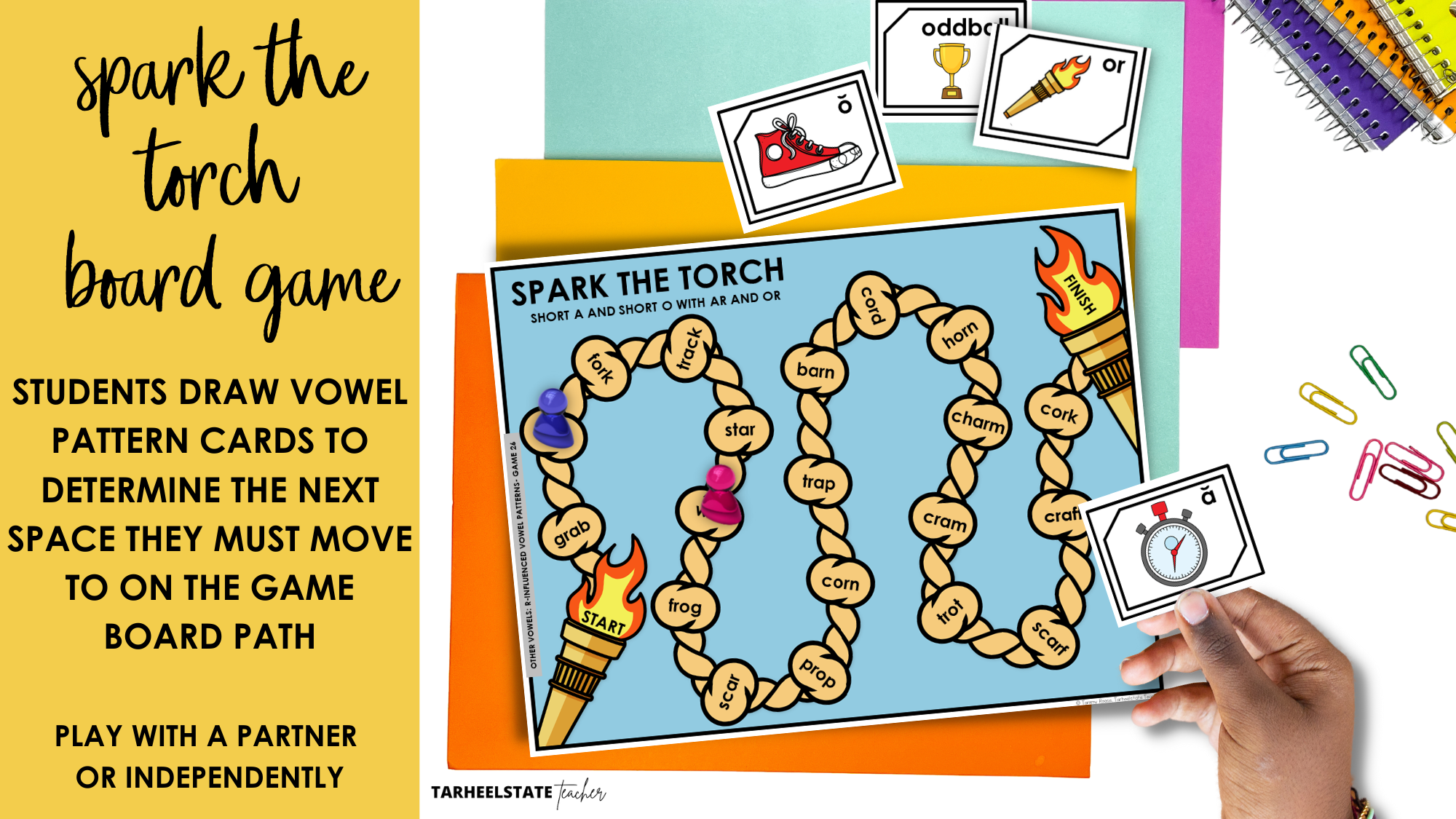 Spark the Torch board game and picture cards for r-controlled vowel patterns — within word pattern stage, upper elementary spelling