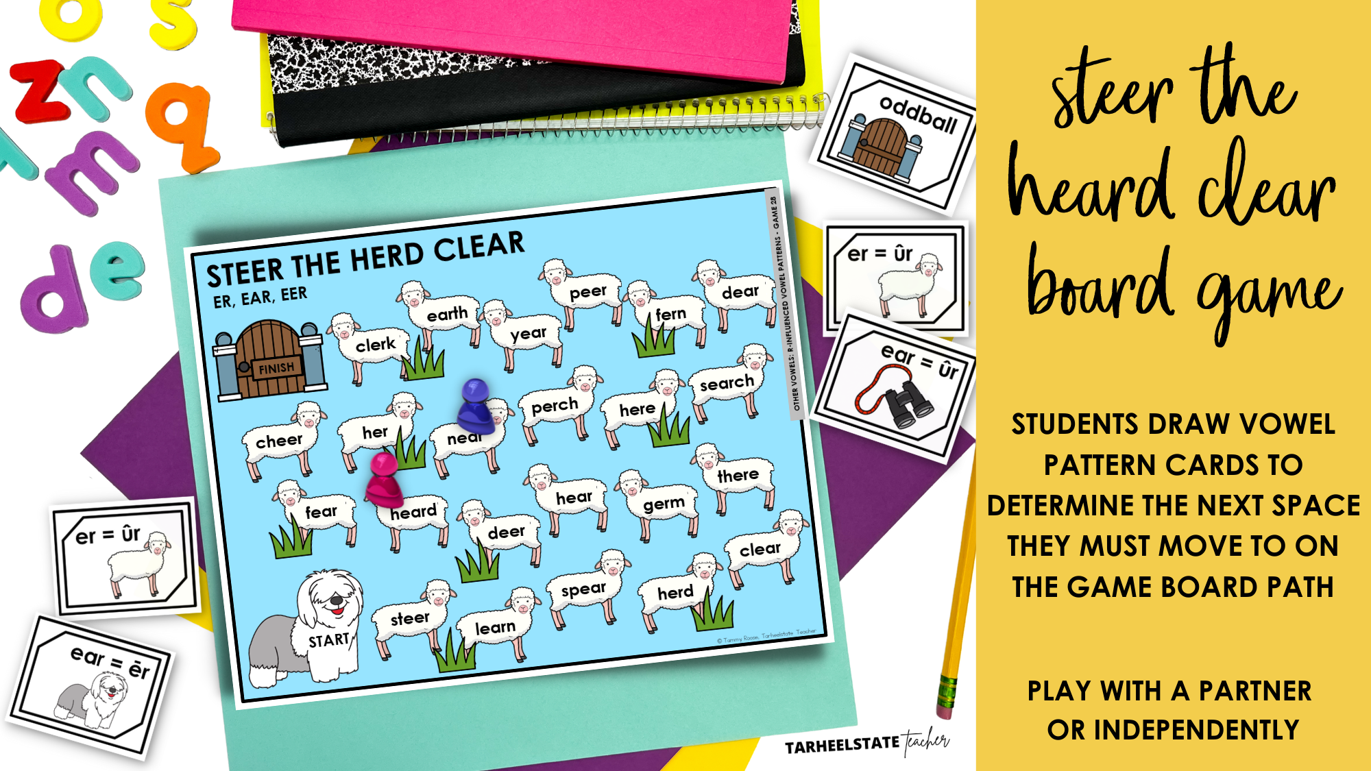 Steer the Herd Clear board game and vowel pattern cards for r-controlled vowel patterns er, ear, and eer — within word pattern stage, upper elementary spelling