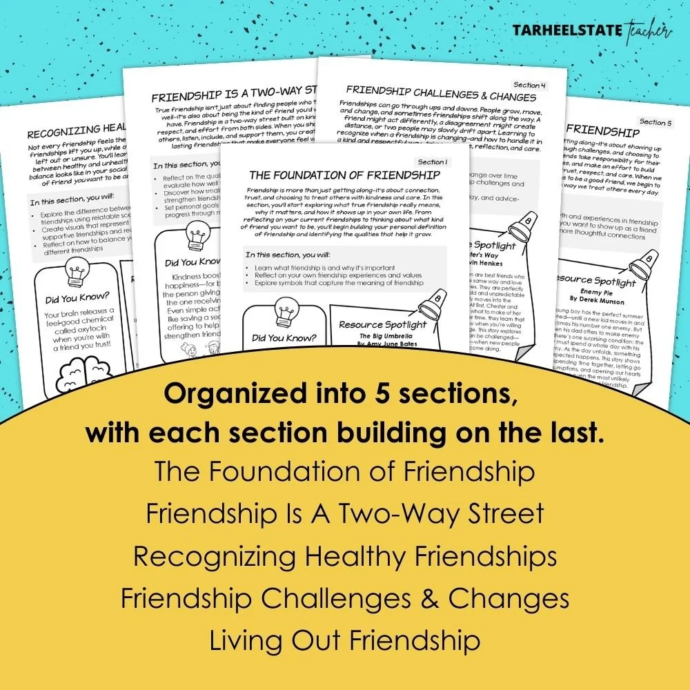 Teaching Kids About Friendship: A Character-Building Homeschool and SEL Workbook for Ages 8–12 - FriendshipPODWorkbookPostImage2 a friendship skills character building workbook with friendship activities that cover how to be a good friend, navigating friendship issues and friendship challenges, and the importance of healthy friendships