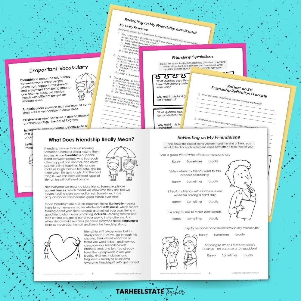Teaching Kids About Friendship: A Character-Building Homeschool and SEL Workbook for Ages 8–12 - FriendshipPODWorkbookPostImage3 a friendship skills character building workbook with friendship activities that cover how to be a good friend, navigating friendship issues and friendship challenges, and the importance of healthy friendships