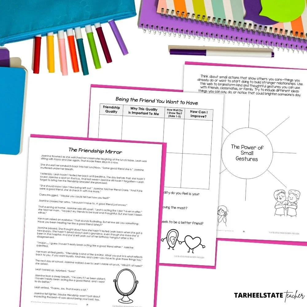 Teaching Kids About Friendship: A Character-Building Homeschool and SEL Workbook for Ages 8–12 - FriendshipPODWorkbookPostImage4 a friendship skills character building workbook with friendship activities that cover how to be a good friend, navigating friendship issues and friendship challenges, and the importance of healthy friendships