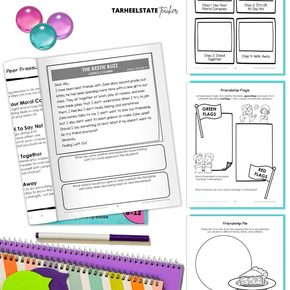 Teaching Kids About Friendship: A Character-Building Homeschool and SEL Workbook for Ages 8–12 - FriendshipPODWorkbookPostImage5 a friendship skills character building workbook with friendship activities that cover how to be a good friend, navigating friendship issues and friendship challenges, and the importance of healthy friendships