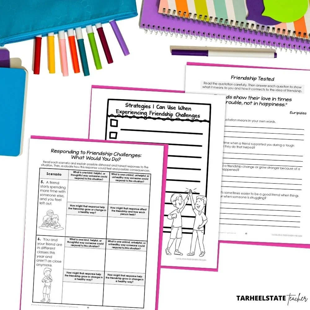 Teaching Kids About Friendship: A Character-Building Homeschool and SEL Workbook for Ages 8–12 - FriendshipPODWorkbookPostImage6 a friendship skills character building workbook with friendship activities that cover how to be a good friend, navigating friendship issues and friendship challenges, and the importance of healthy friendships