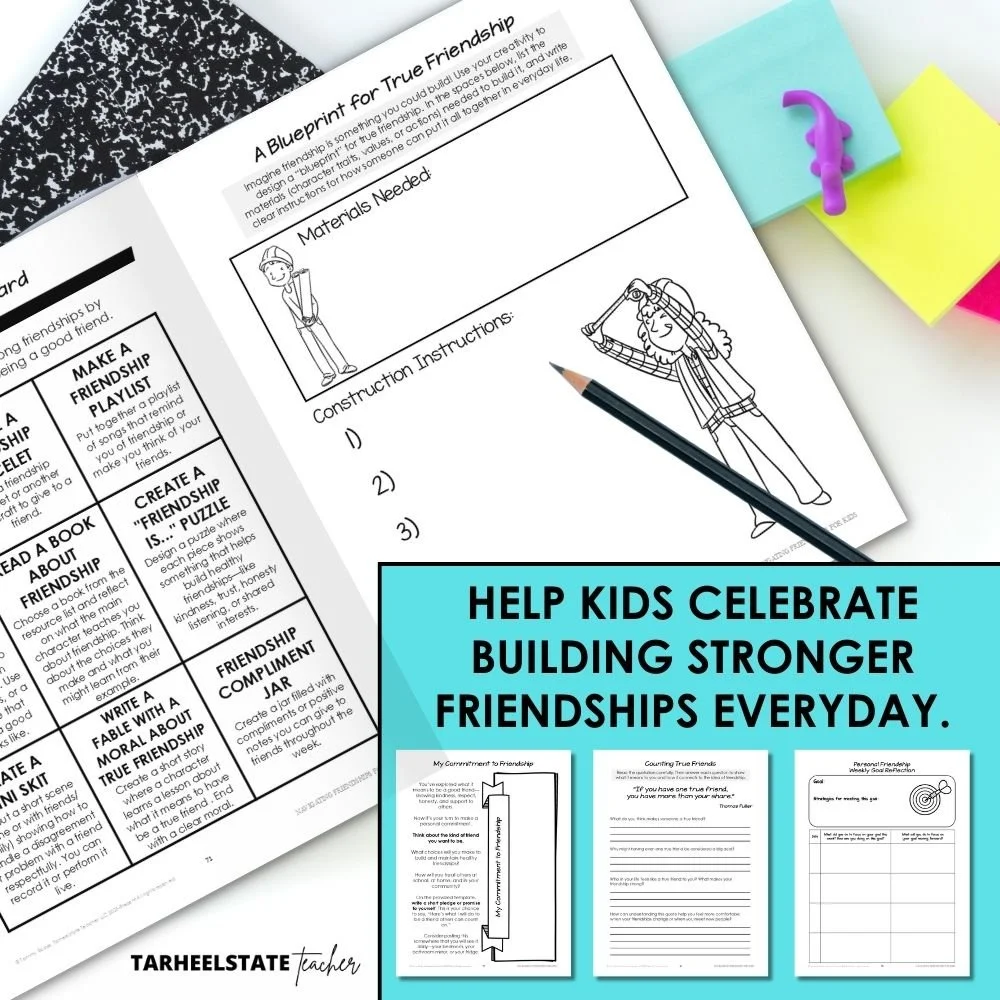 Teaching Kids About Friendship: A Character-Building Homeschool and SEL Workbook for Ages 8–12 - FriendshipPODWorkbookPostImage7 a friendship skills character building workbook with friendship activities that cover how to be a good friend, navigating friendship issues and friendship challenges, and the importance of healthy friendships