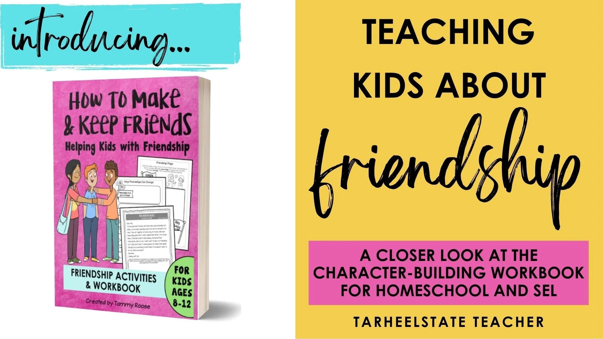 Teaching Kids About Friendship: A Character-Building Homeschool and SEL Workbook for Ages 8–12 - FriendshipWorkbookHeader a friendship skills character building workbook with friendship activities that cover how to be a good friend, navigating friendship issues and friendship challenges, and the importance of healthy friendships